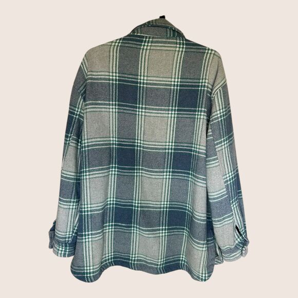💙 MEMBER'S MARK PLAID FLANNEL SHACKET POCKETS BUTTON UP CREAM BLUE TEAL LARGE - Picture 2 of 5